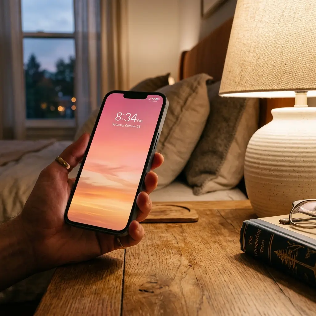 Sunset gradient background in rose and amber displayed on a phone beside a cream ceramic lamp