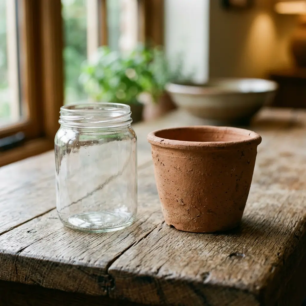 Plain glass jar and unglazed clay pot beside a printed harvest sign and glittered stems for comparison