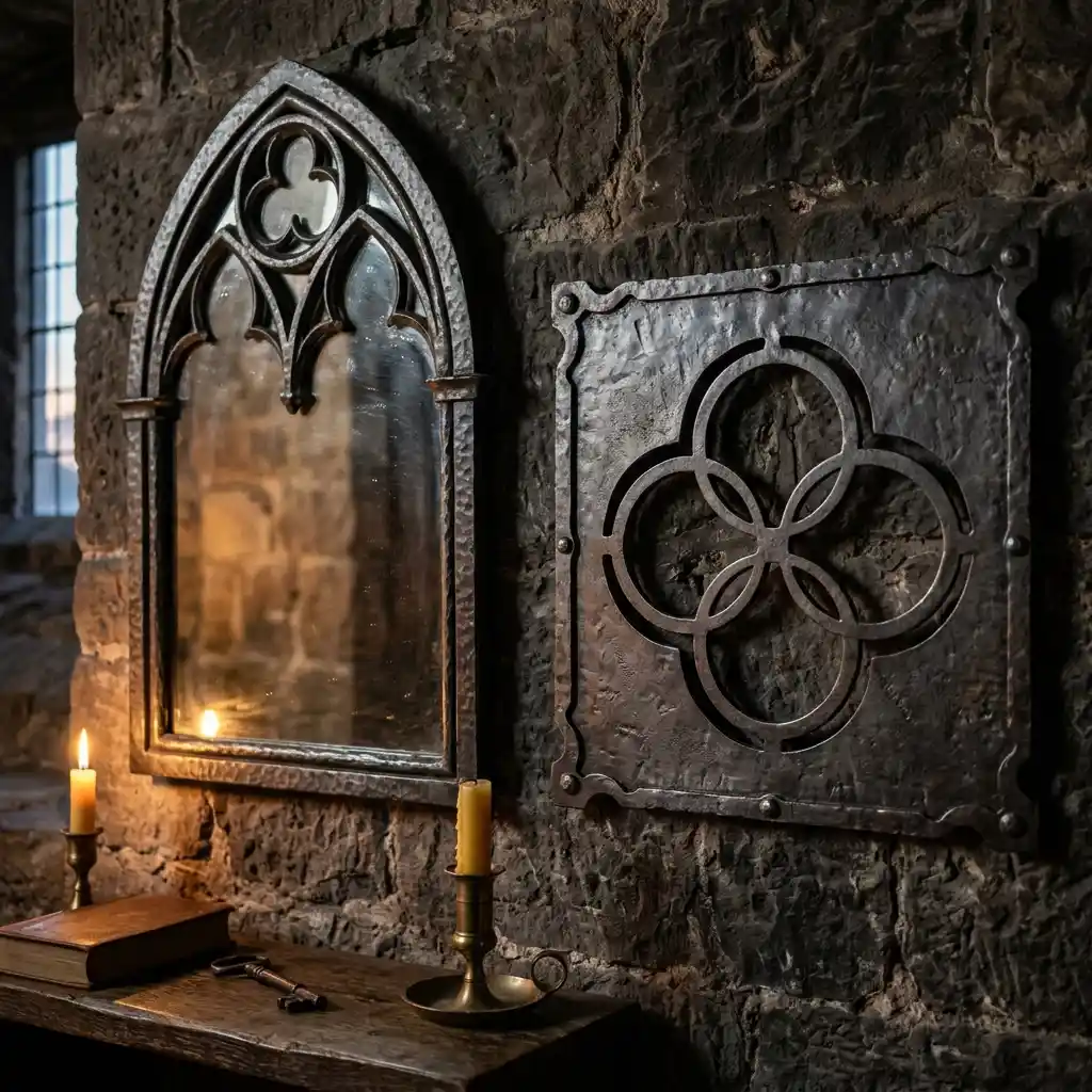 Arched top mirror and a quatrefoil cut metal panel showing the defining Gothic shapes