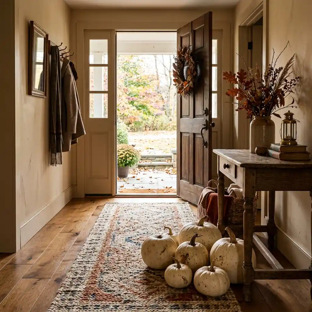 White pumpkins repeated on the front step and again on the entry table just inside the door