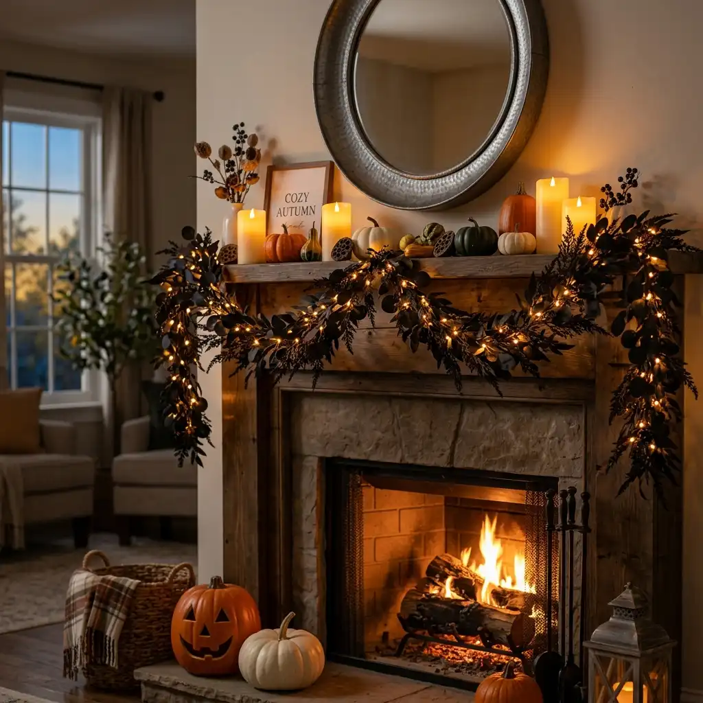 Pre-lit black eucalyptus-style garland glowing softly on a styled mantel at dusk