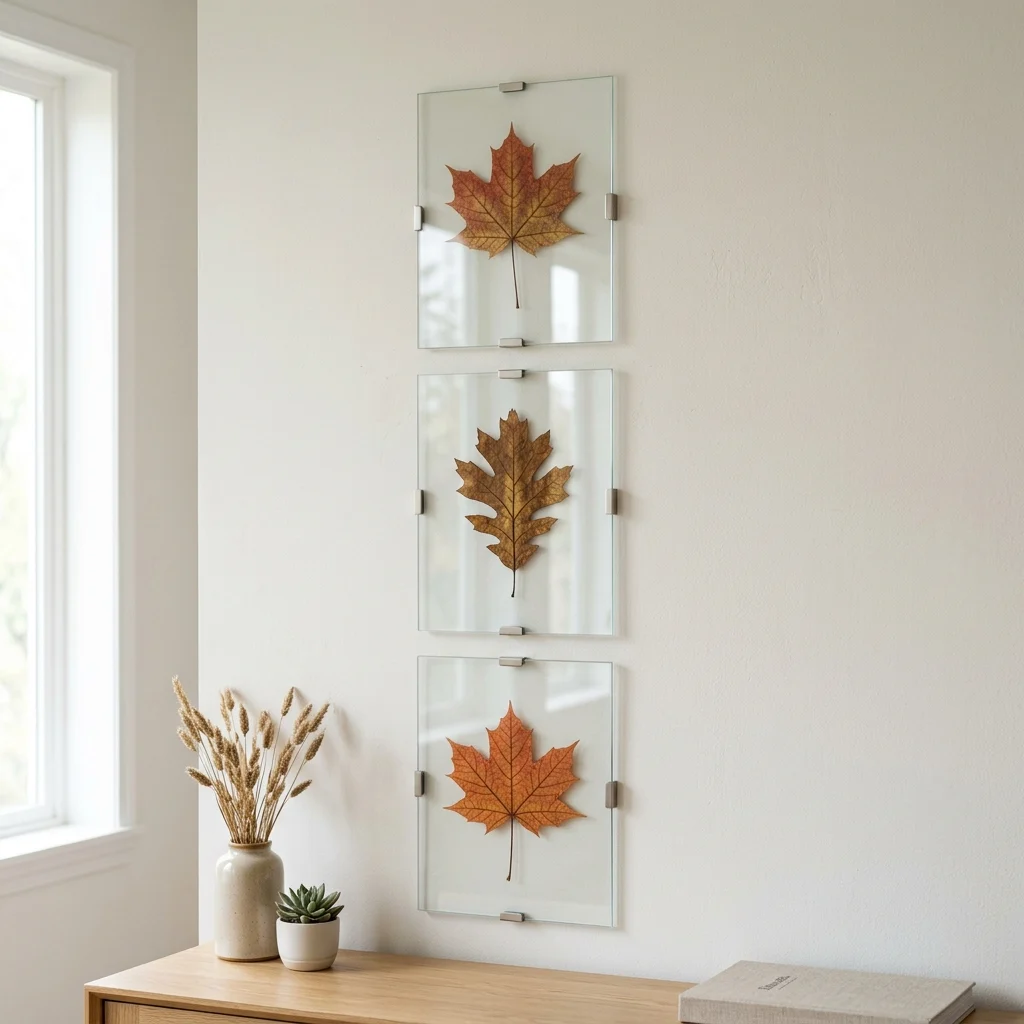 Three clip-together glass frames holding pressed maple and oak leaves hung in a vertical column on a pale wall