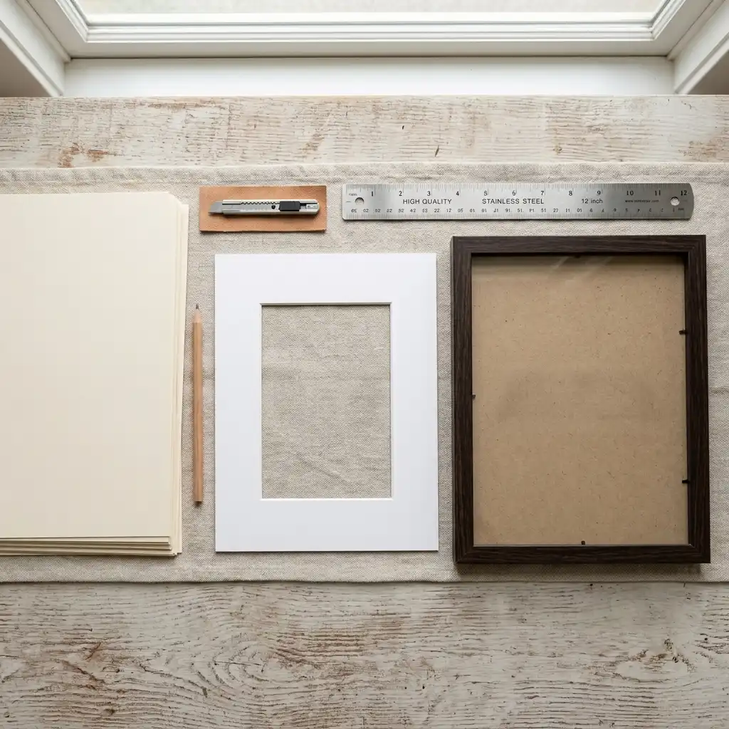 Flat lay of cardstock sheets, a white mat board, and an empty black frame on a linen surface
