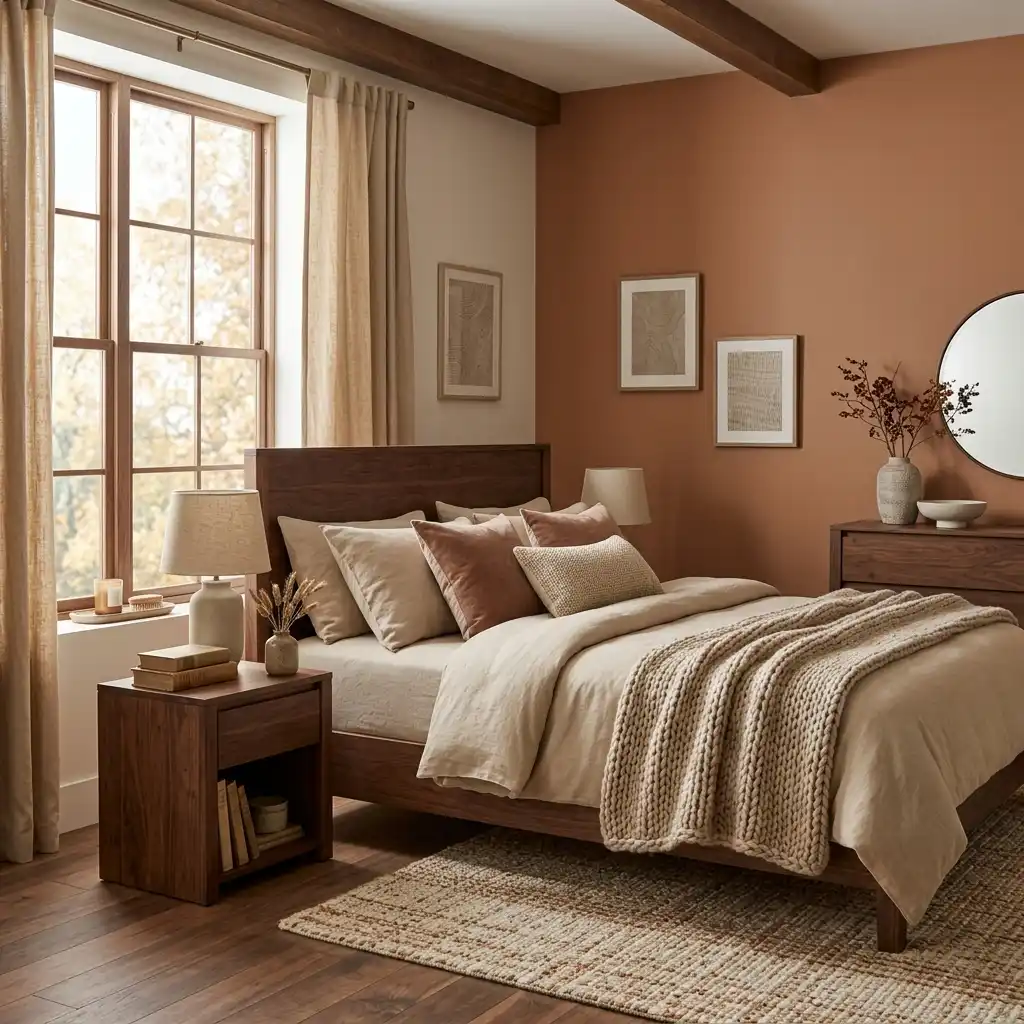 Fall bedroom decor in a quiet palette of clay, sand and walnut with no seasonal prints