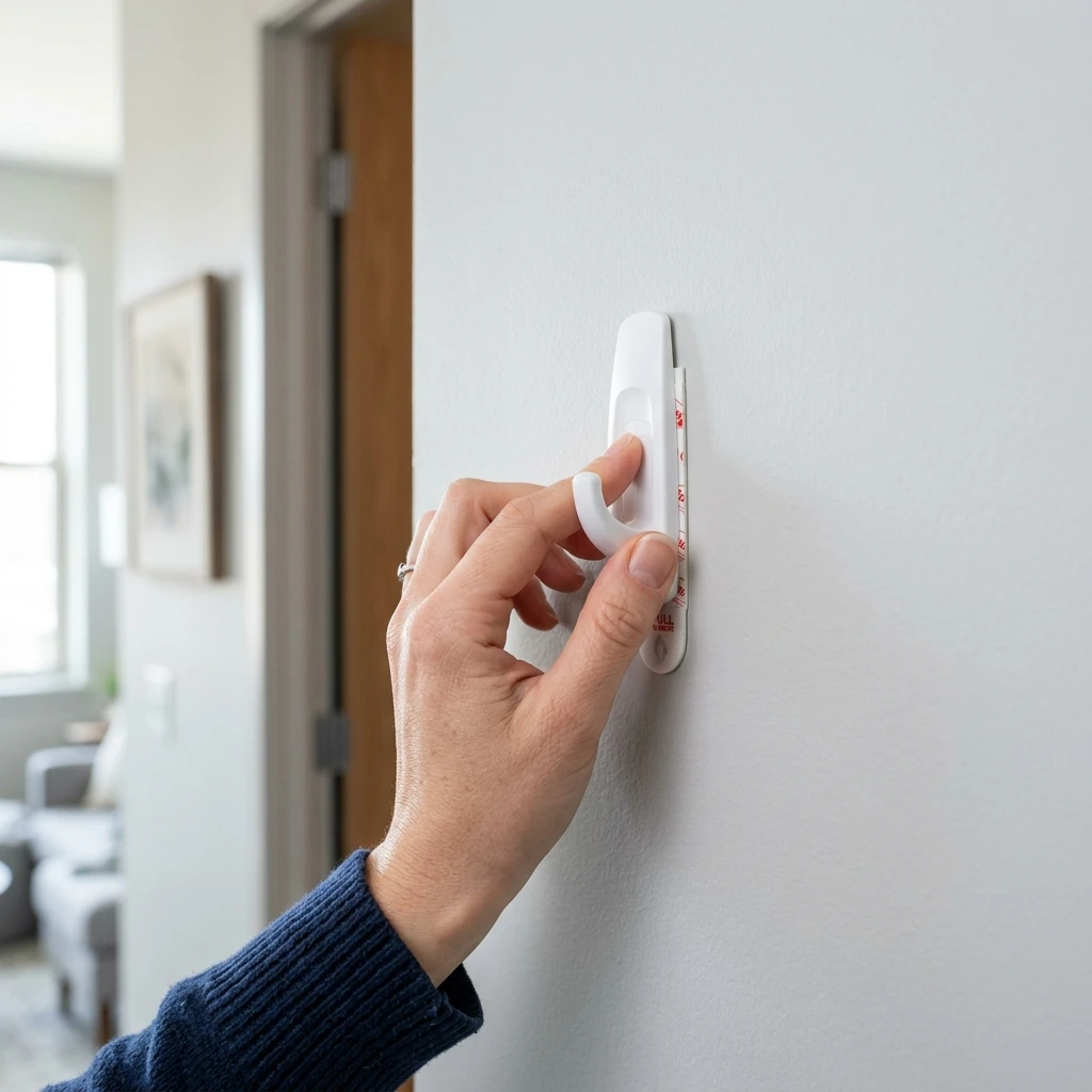 Hand pressing a removable adhesive hook onto a smooth apartment wall