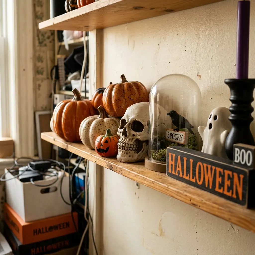 Rigid ceramic pumpkins and a resin figure crowded together on a small shelf