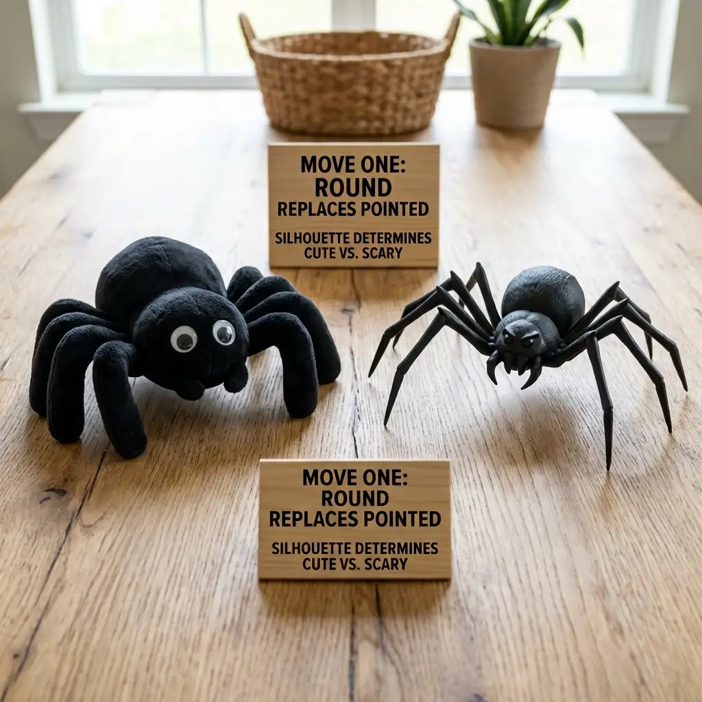 Rounded spider decoration with stubby legs and no fangs beside a sharp angular spider for contrast