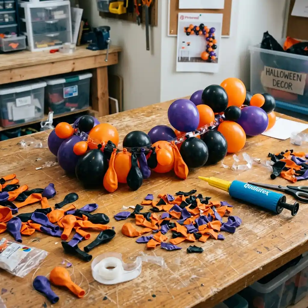 Half-finished balloon garland on a table with scattered balloons and a hand pump mid-assembly