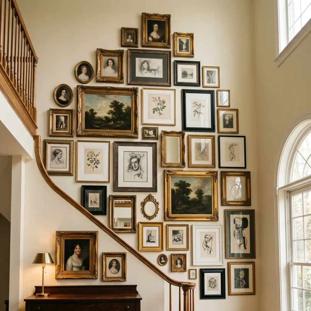 Salon-style cluster of varied frame sizes=