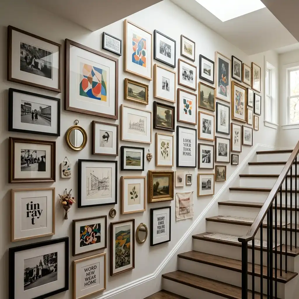 Dense salon-style hanging climbing a stairwell wall with uneven spacing and varied frame sizes=