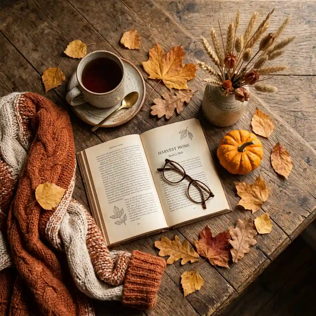 The six objects that appear in almost every autumn photo: mug, pumpkin, knit throw, dried stems, books and leaves