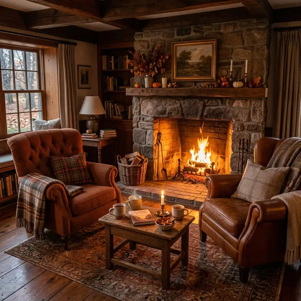 Two armchairs angled toward a fireplace with a low table between them in a warm-toned room