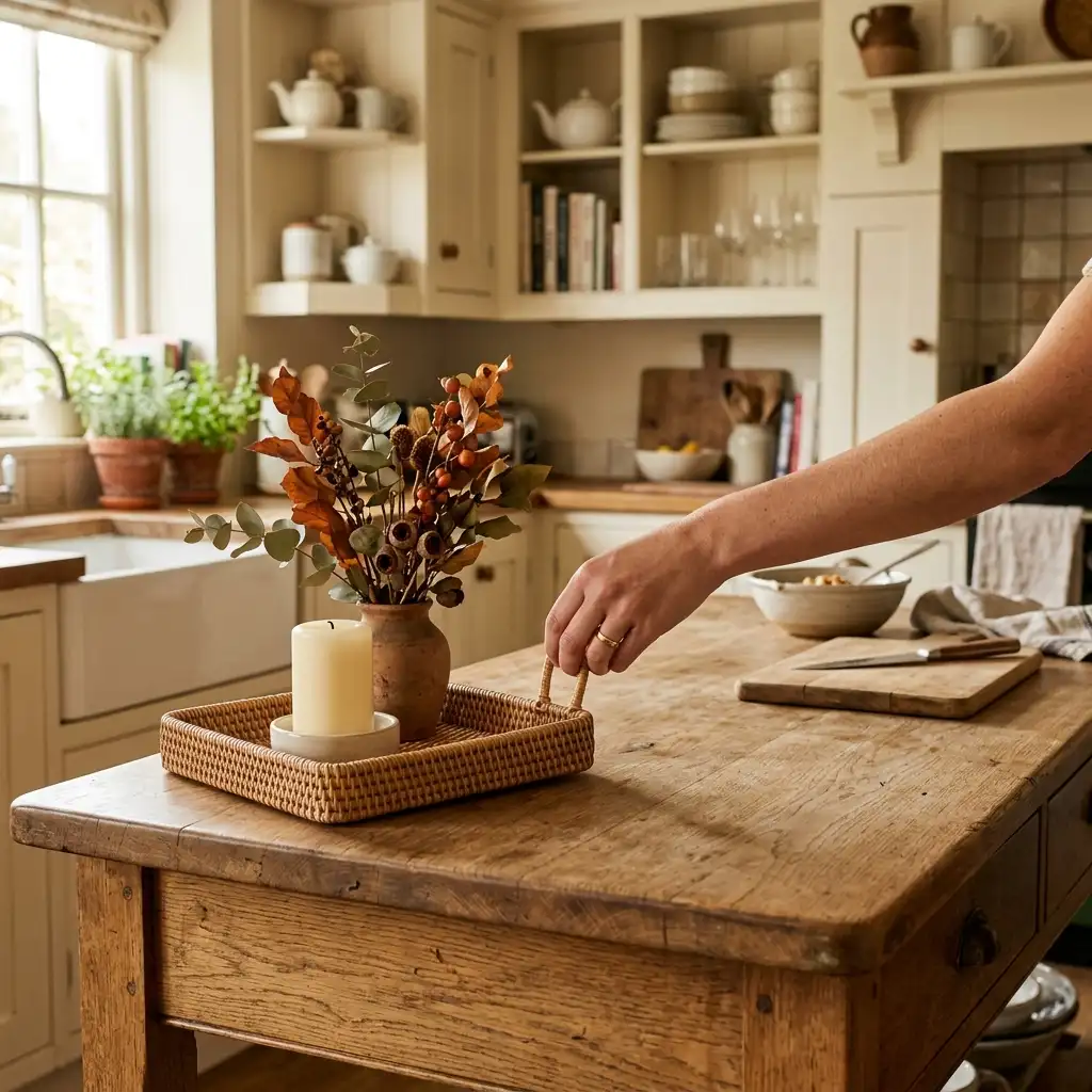 Shallow rimmed rattan tray with autumn stems and a candle sitting at one end of a kitchen island