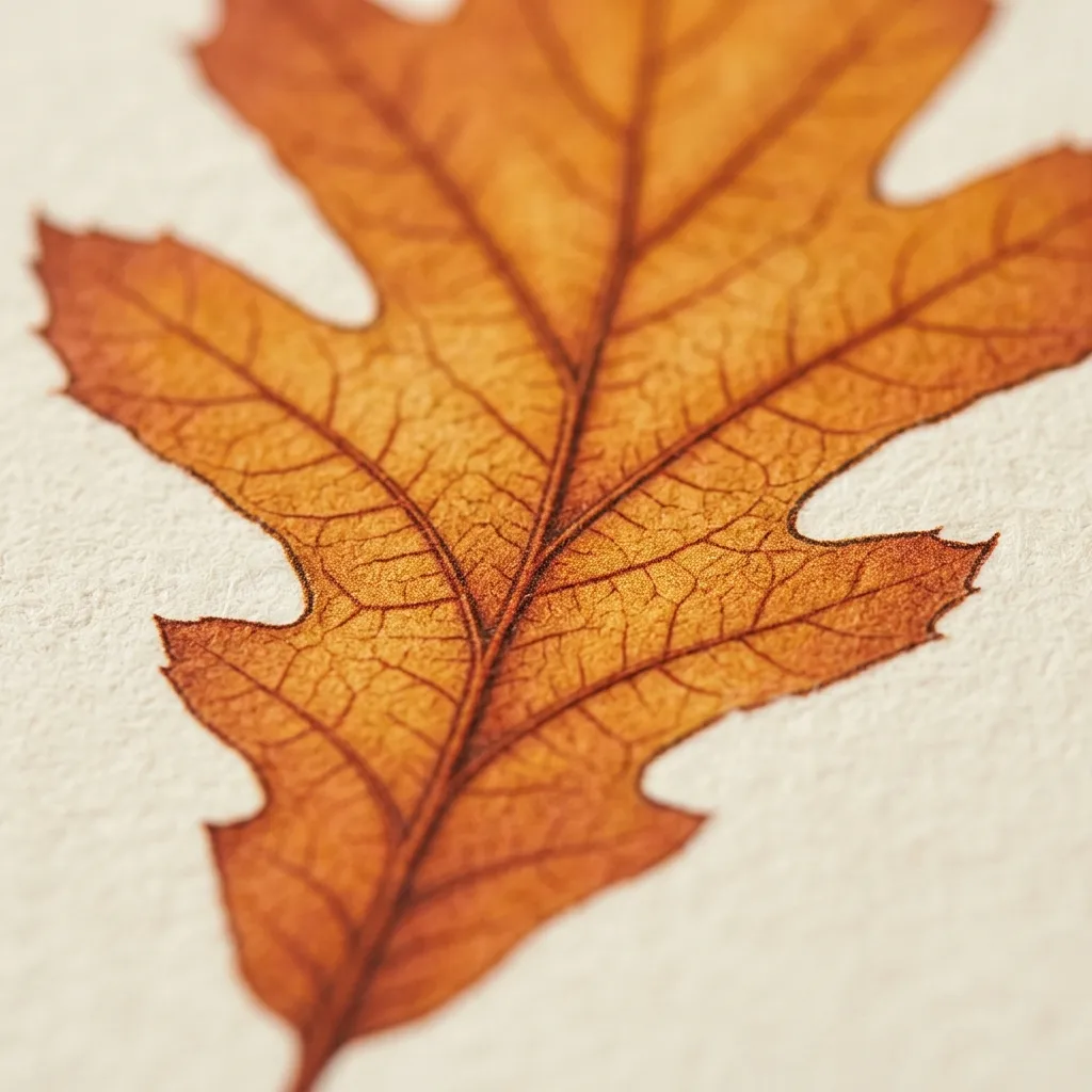 Close-up of a sharply printed oak leaf illustration showing crisp edges and fine vein detail