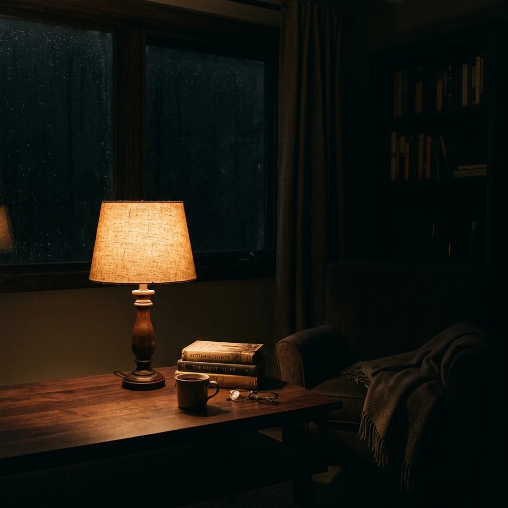 Single table lamp with a linen shade glowing warm in an otherwise dark autumn room