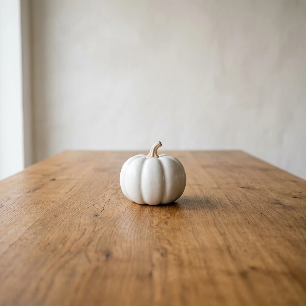 One white ceramic pumpkin on oak sitting in the middle of the frame with wide bare space each side