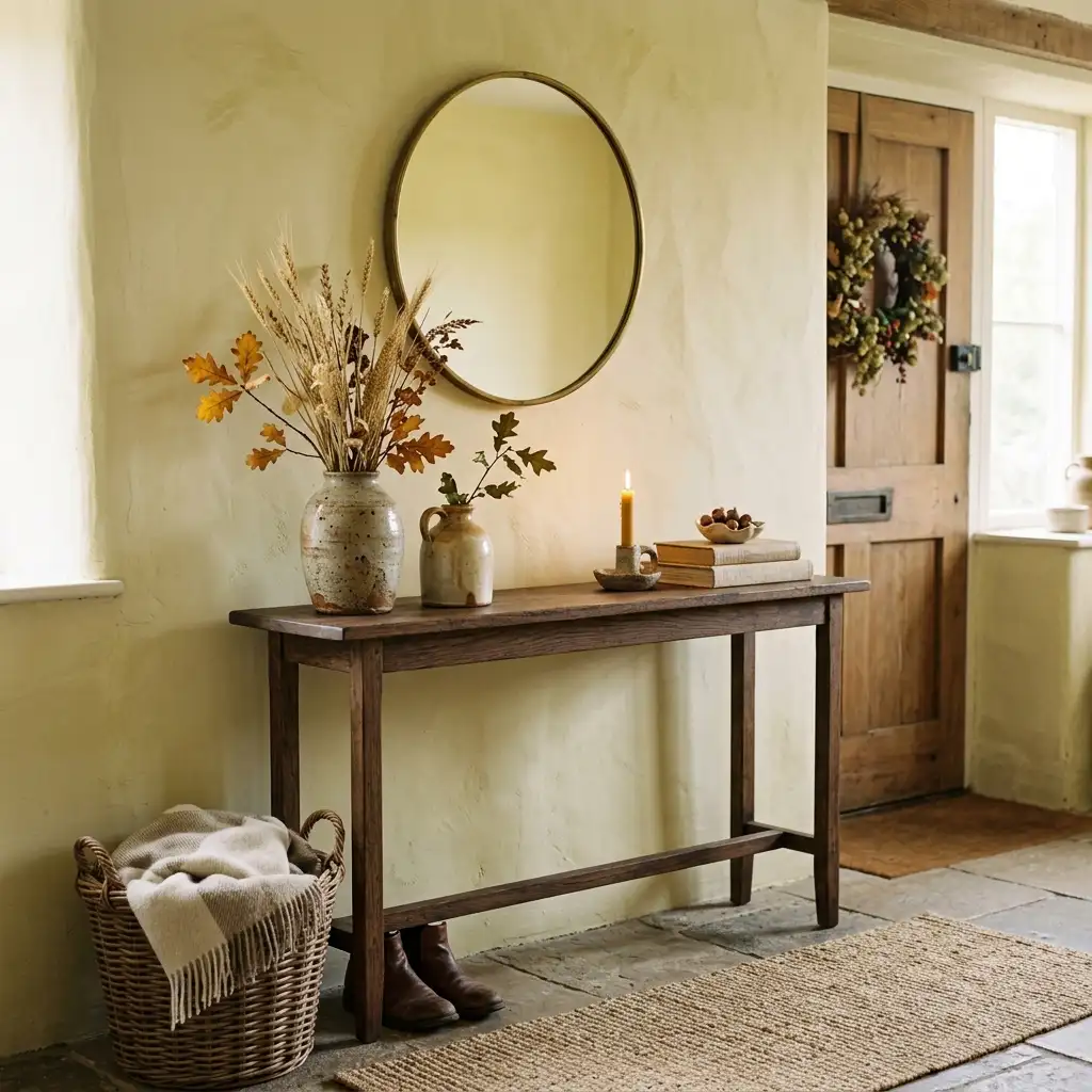Slim console table with restrained fall entryway decor in clay, cream and warm brown tones