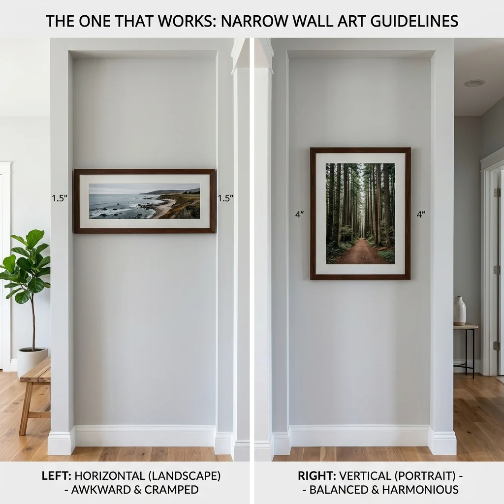 Comparison of a horizontal print looking cramped on a narrow wall beside a vertical print sitting comfortably, with clearance measurements marked