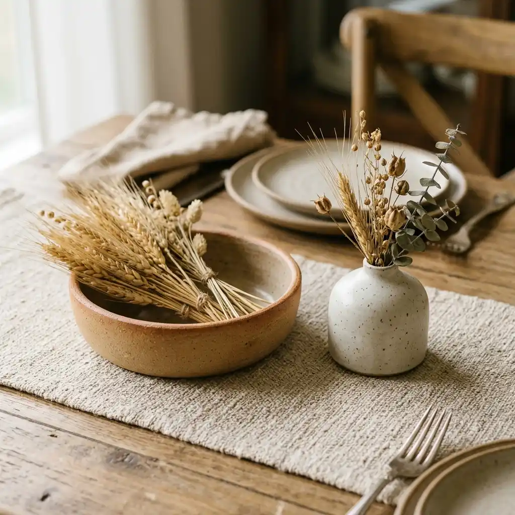 Shallow stoneware bowl holding trimmed dried wheat next to a squat vase on a warm oatmeal runner