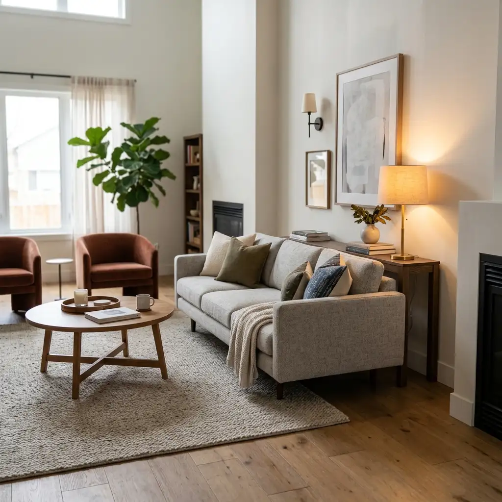 Sofa floated forward from the wall with a slim console table and lamp behind it