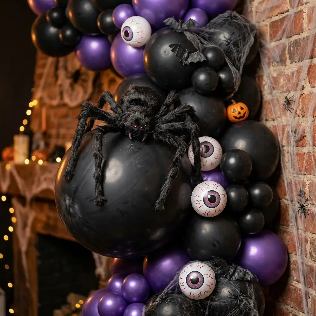 Fuzzy spider and printed eyeball balloons tucked into a black and purple balloon garland