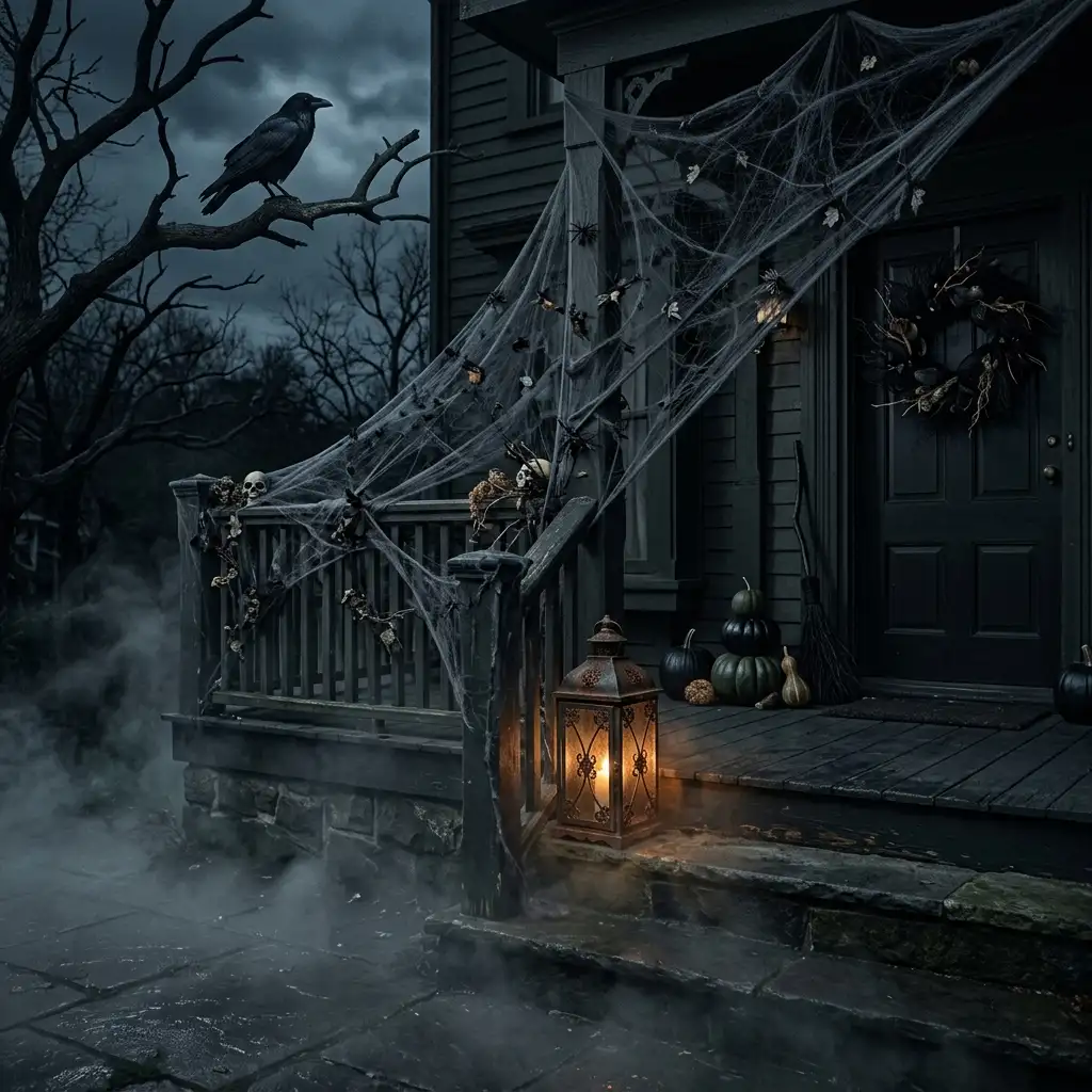 Spooky gothic Halloween porch with charcoal cobweb texture, an iron lantern and low ground fog