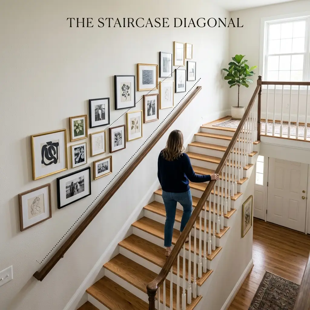 Frames stepping upward on a diagonal parallel to a staircase handrail