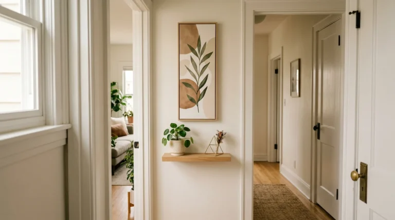 Framed botanical print above a slim oak shelf on a narrow hallway wall in warm daylight