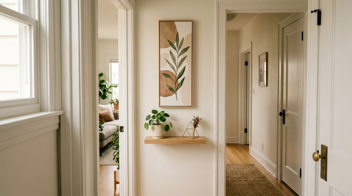 Framed botanical print above a slim oak shelf on a narrow hallway wall in warm daylight
