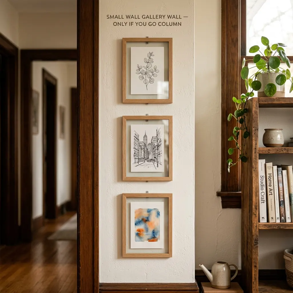 Column of three small framed prints stacked vertically on a narrow wall beside a bookcase