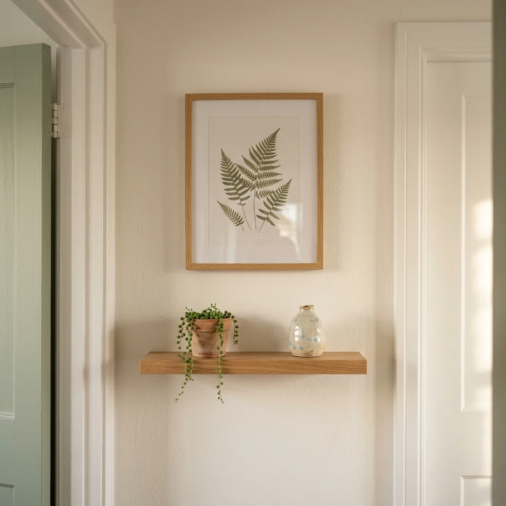 Framed fern print above a slim oak wall shelf on a narrow wall between two doorways