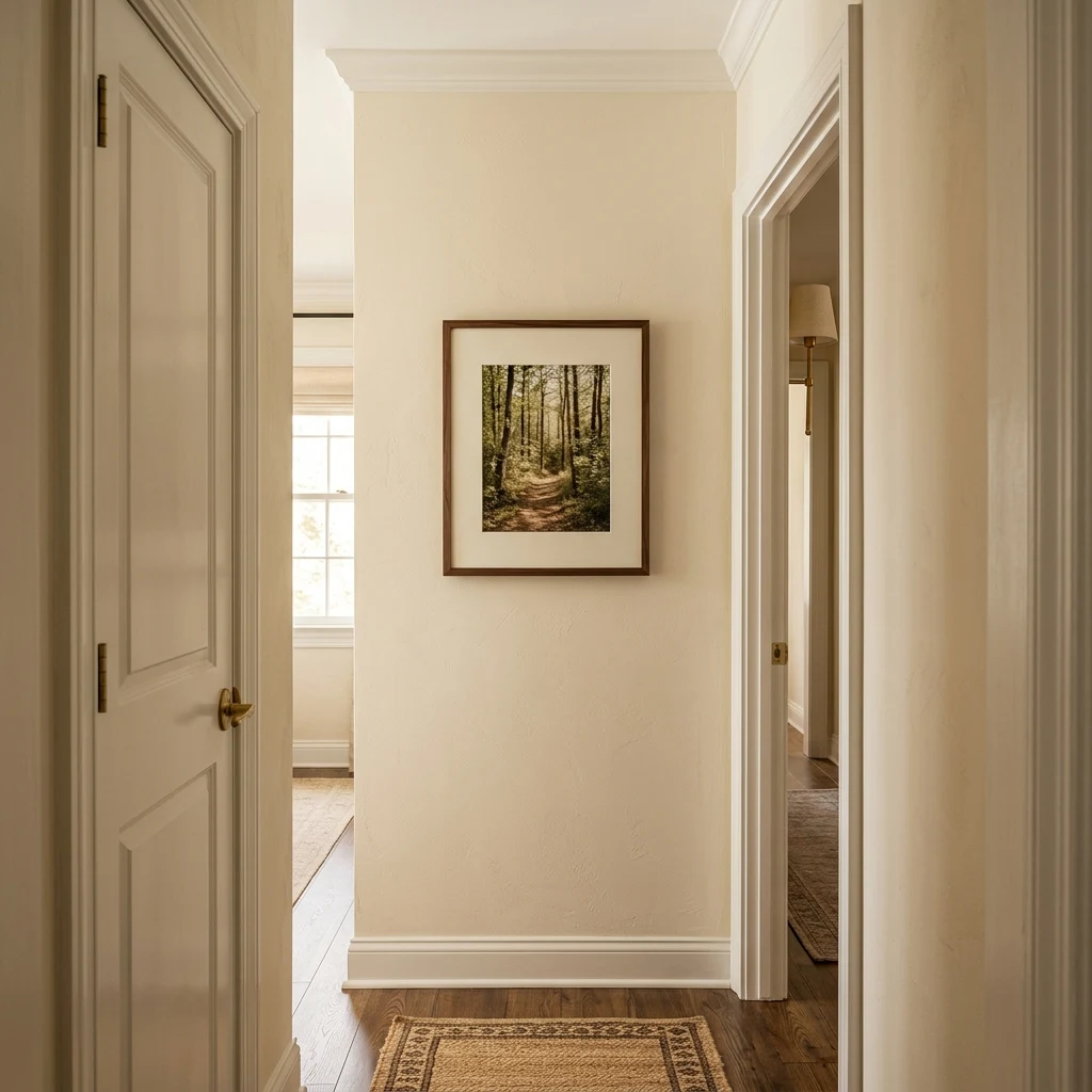 View down a narrow hallway to a single framed landscape print at the far end above a runner rug