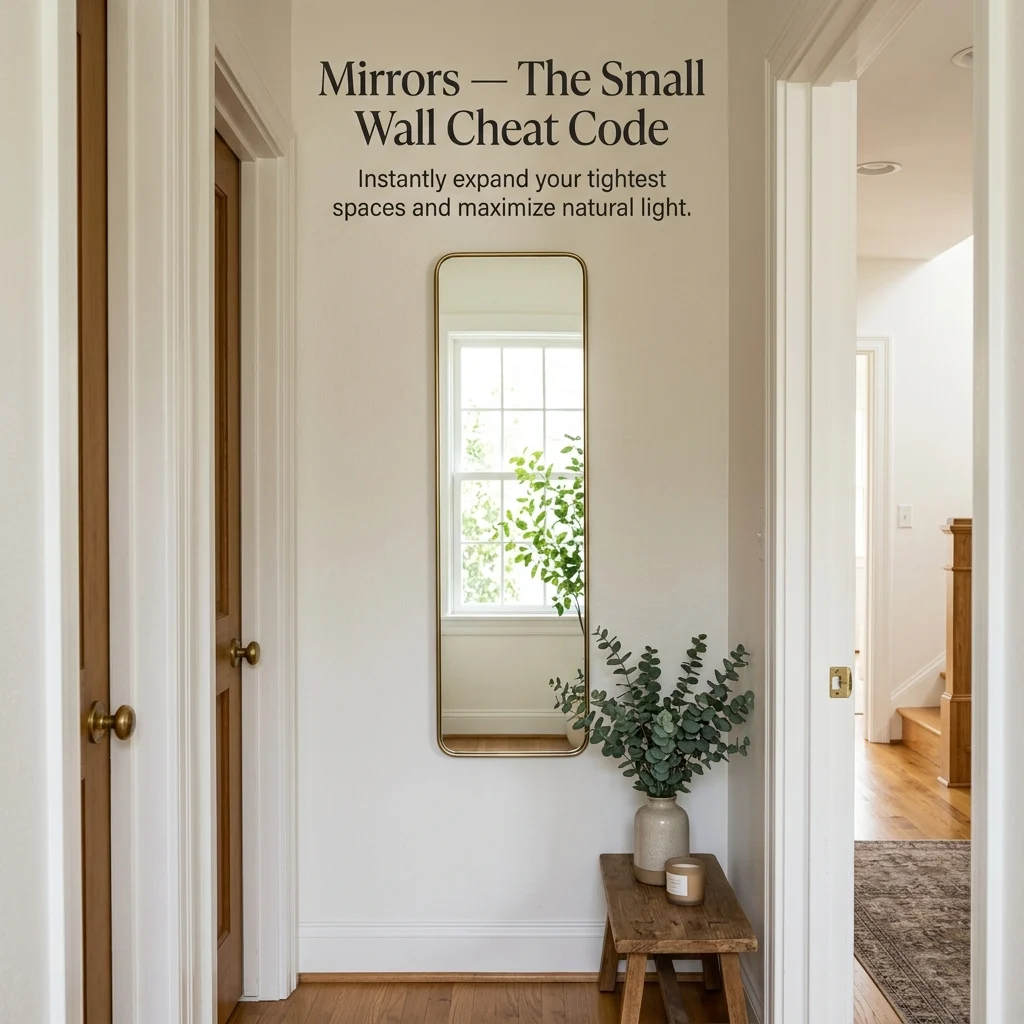 Slim full-length mirror on a narrow wall above a small wooden stool with a sprig of greenery