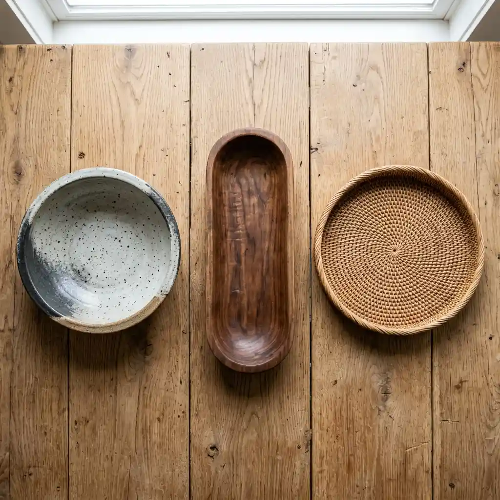 Empty glazed stoneware bowl, oiled wooden trough, and rattan tray grouped on a bare table