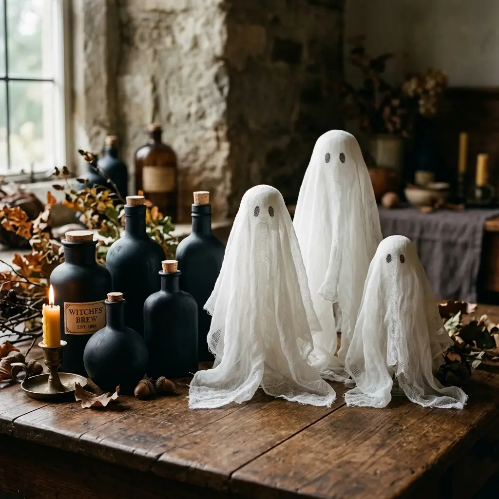 Three handmade cheesecloth ghosts beside matte black painted bottles, one labelled Witches Brew, with a lit candle and autumn leaves on a rustic table