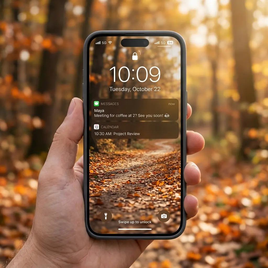 Lock screen interface with the clock, date line and notification cards sitting over a bright golden autumn forest path