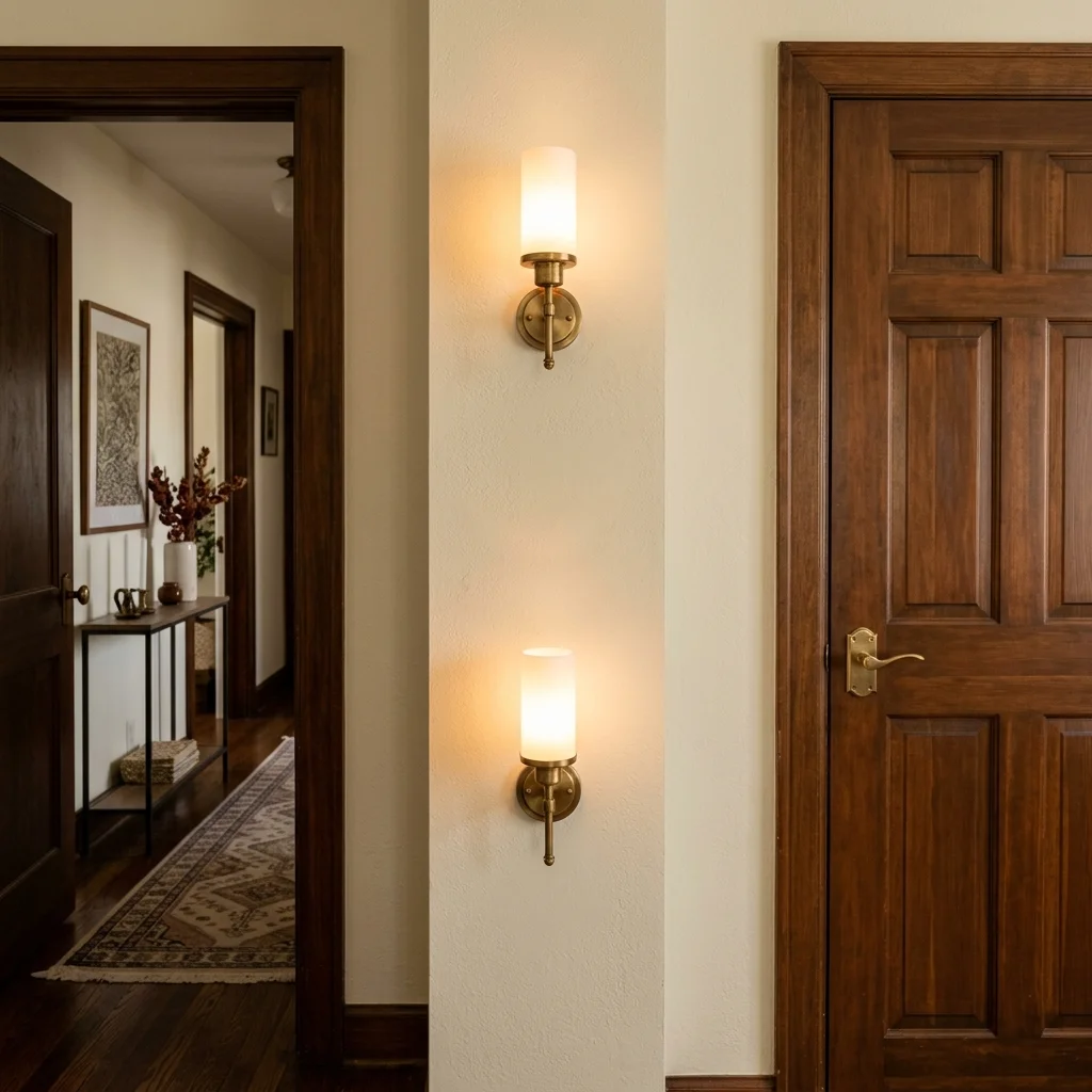 Two lit brass wall sconces stacked on a hallway wall beside a wooden door