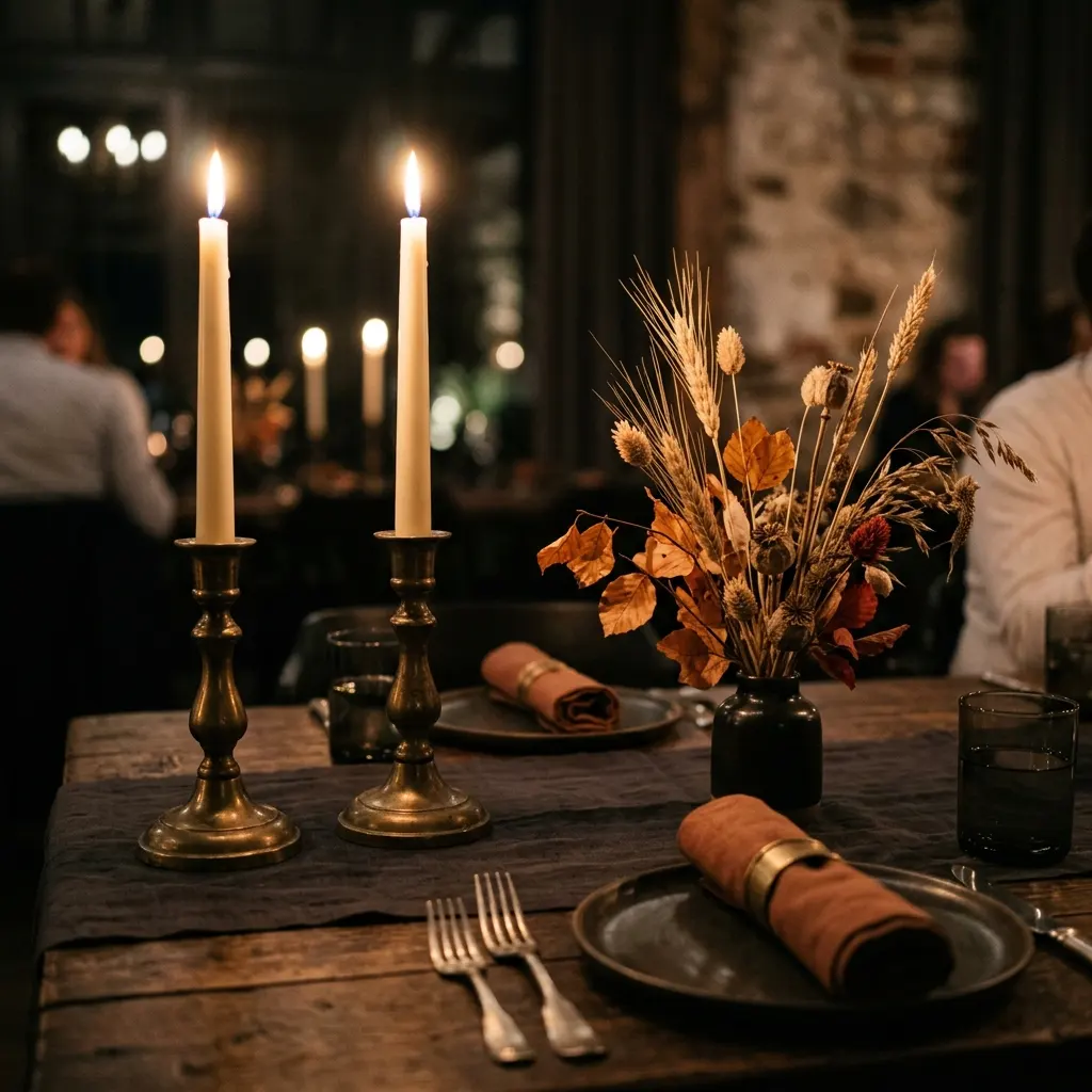 Tall cream taper candles in weighted brass holders burning at a safe distance from dried autumn stems