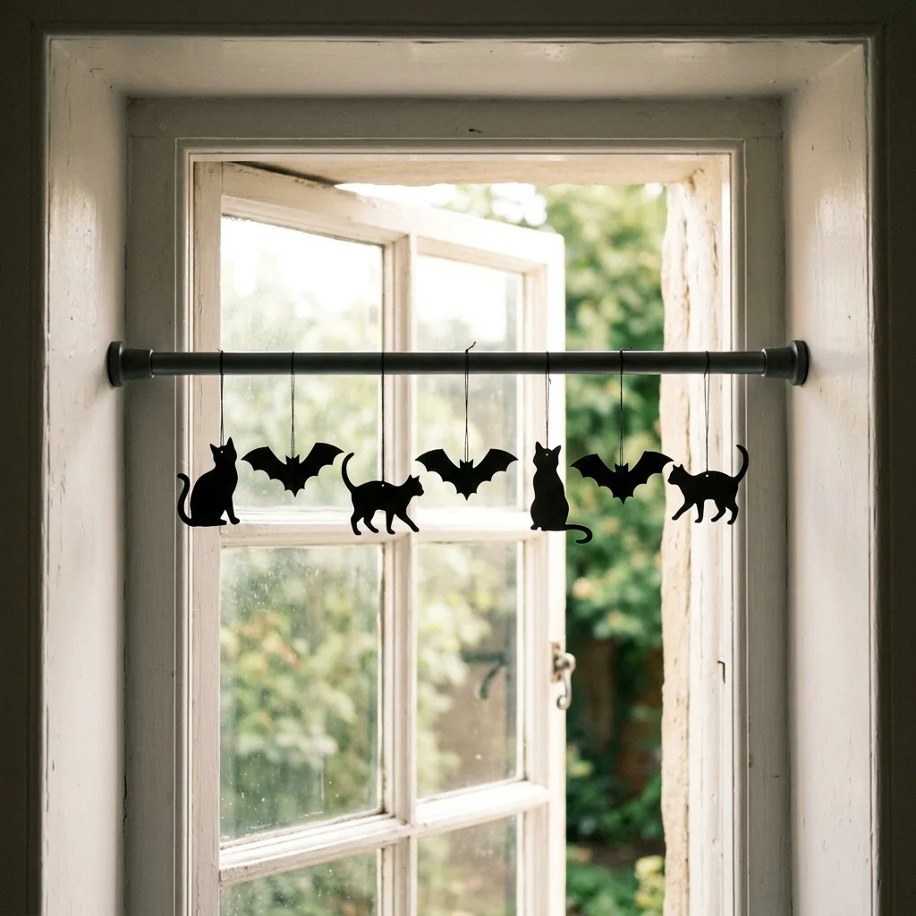 Tension rod fitted inside a window recess holding a hanging row of dark paper silhouettes