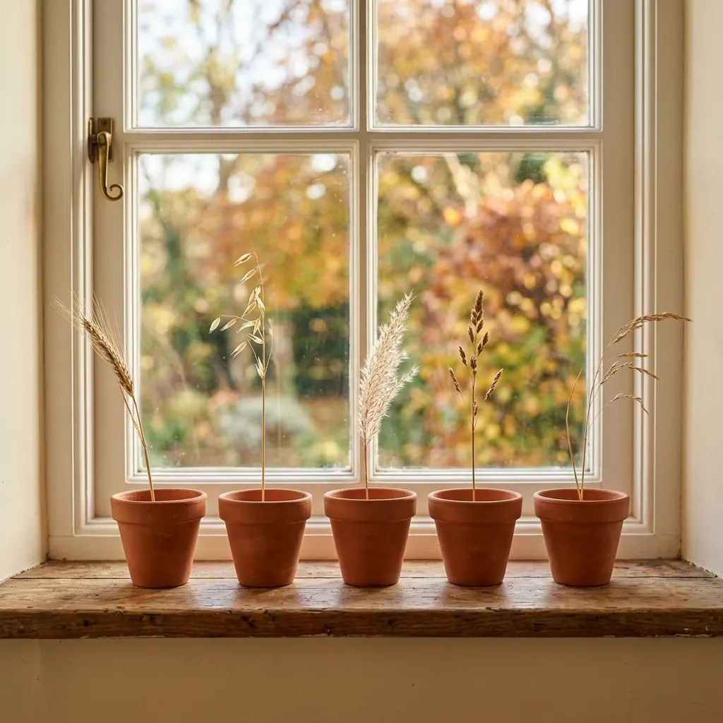 Row of small unglazed terracotta pots along a windowsill, each holding one dried autumn stem