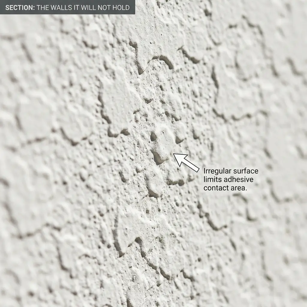 Close-up of a heavily textured knockdown wall finish showing the raised surface relief