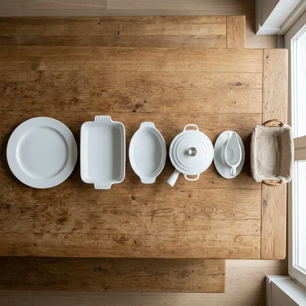 Empty white serving bowls and a platter lined up on a bare wood dining table before a meal