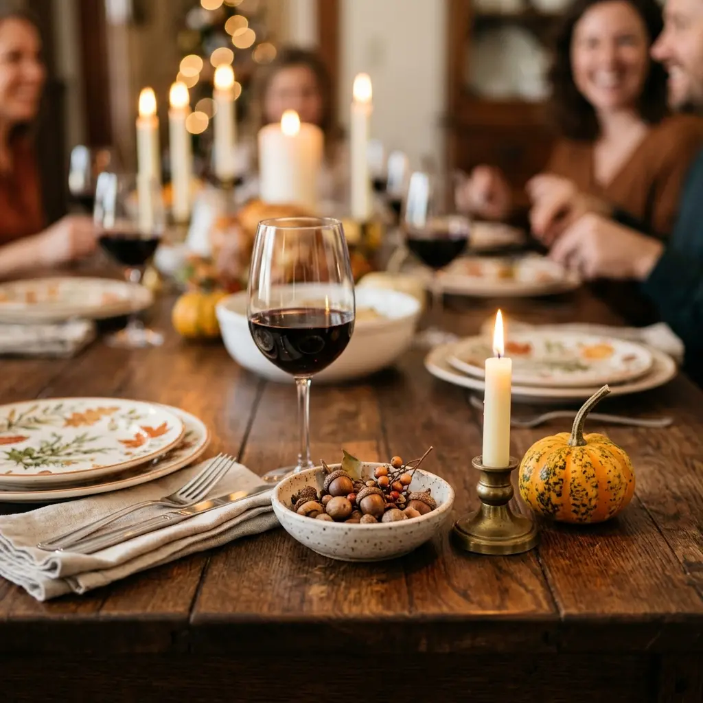 Small movable thanksgiving table decor including a low bowl, single taper and mini pumpkin beside a place setting