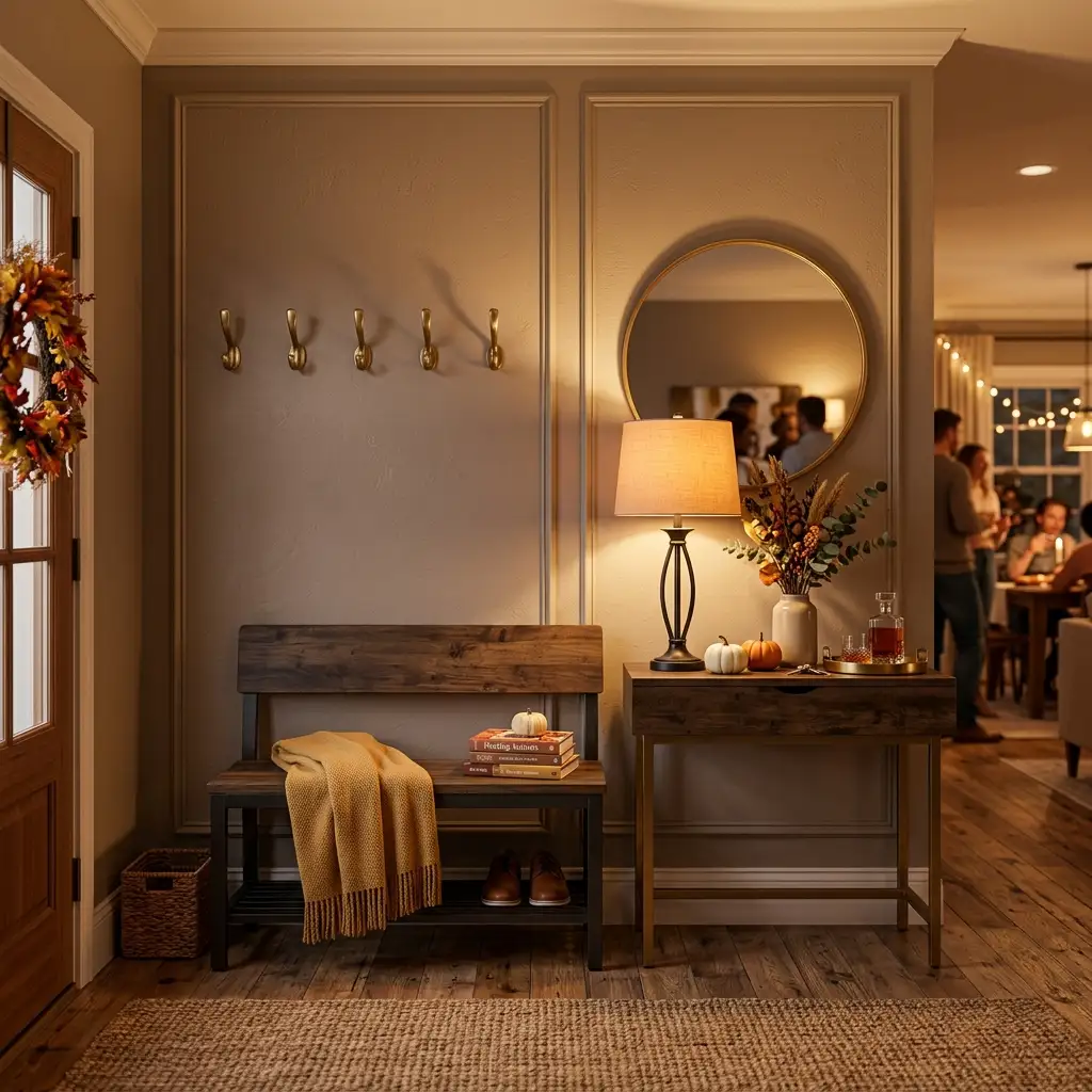 Autumn home interior showing an entry, a sideboard with drinks and a sofa lit for the evening