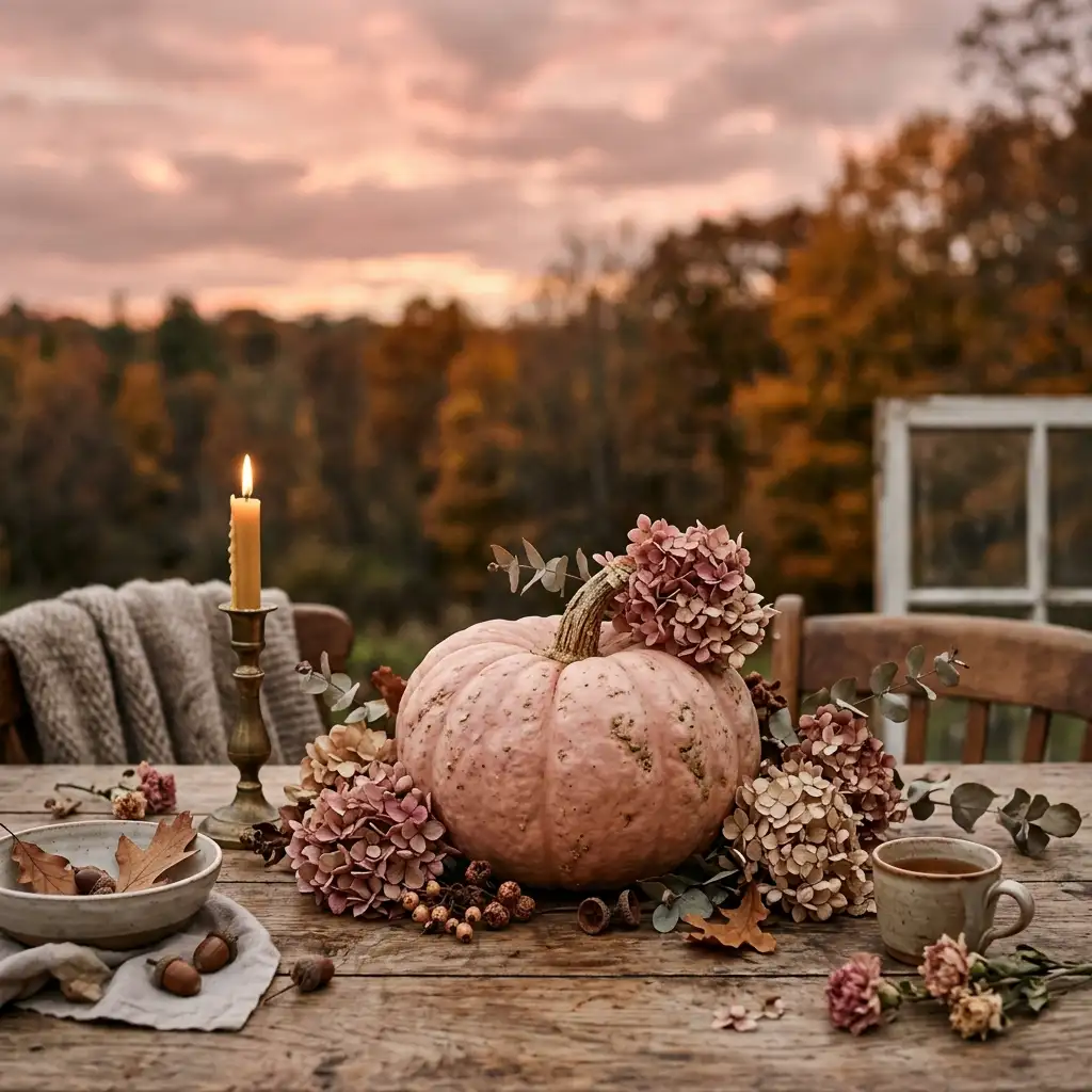 Three autumn backgrounds side by side showing a pink sky, a pressed flower and a pink pumpkin