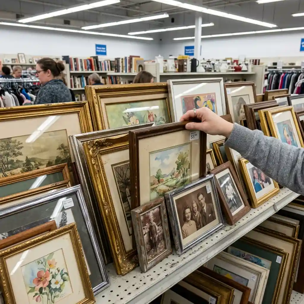 Row of secondhand framed pictures leaning against each other on a thrift store shelf