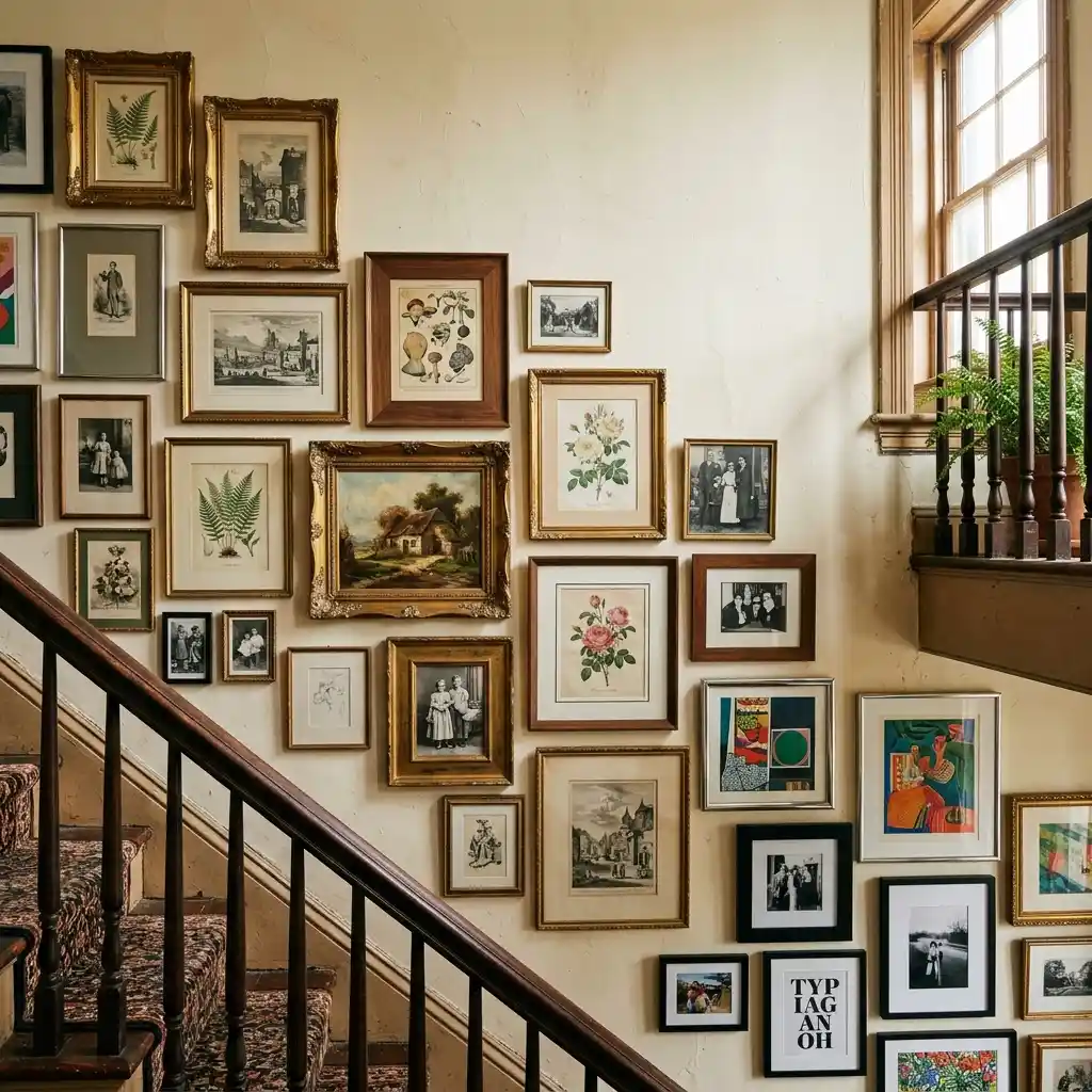 Wall of secondhand frames from clearly different periods hung together over a stairwell