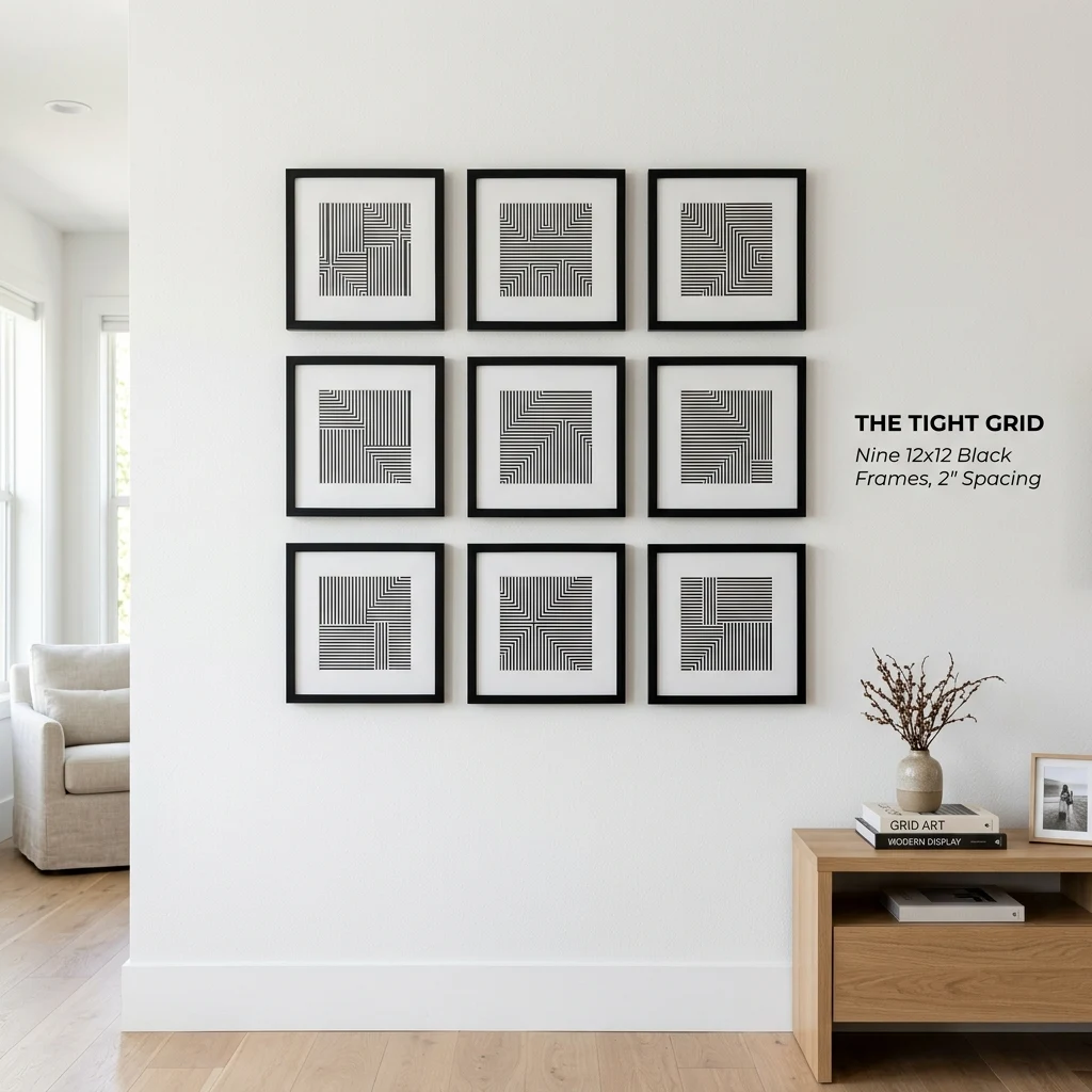 Nine matching frames in a precise three by three grid with identical gaps on a white wall