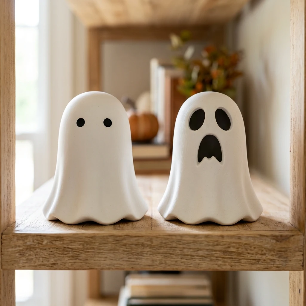 Two white ghost decorations compared, one with round dot eyes and one with an open jagged mouth