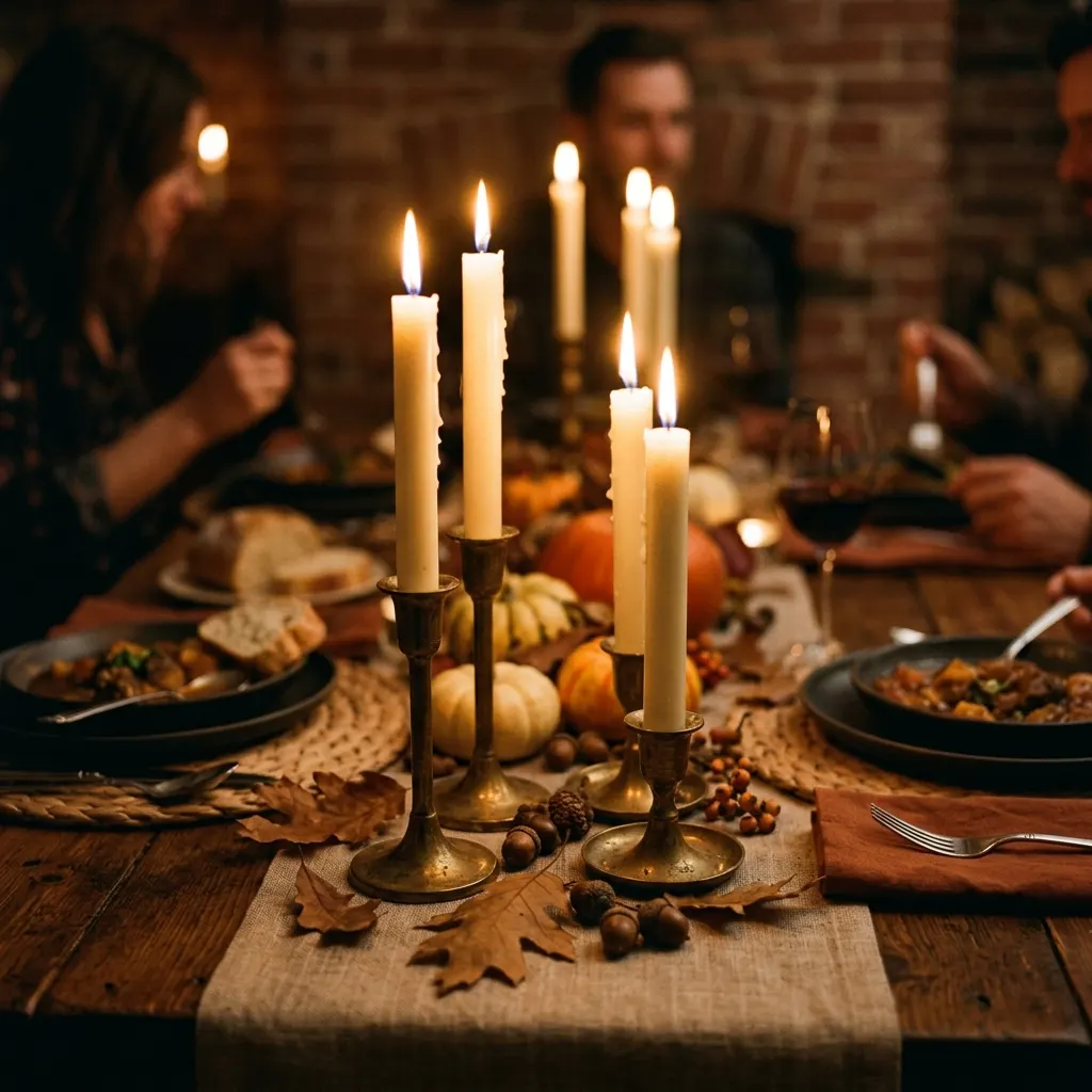 Pairs of unscented taper candles at two heights in brass holders lighting an autumn dining table